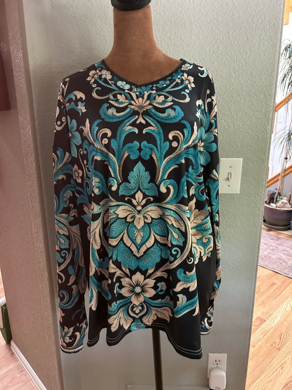 Womens Black Floral Scroll Print Long Sleeve Top - Teal & Cream